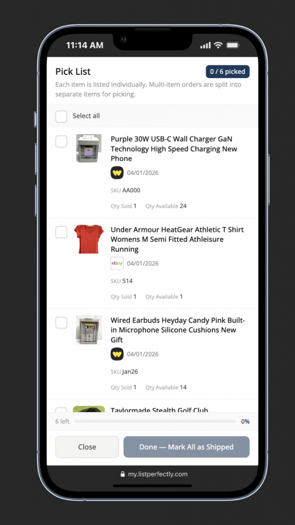 Mobile view of digital pick list.